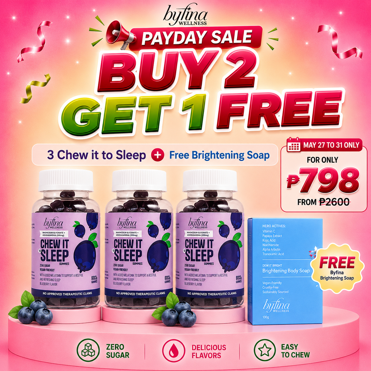 Byfina 60s Glutathione Collagen Gummies Bright Skin Anti Aging | Ashwagandha Melatonin Less Stress