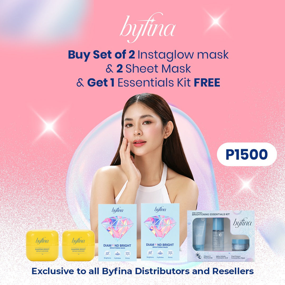 Stock-Up Bundle: 2 Diamond Bright Sheet Masks + 2 Instant Glow Masks Only ₱1,500 + Get 1 FREE Dew It Bright Essentials Kit