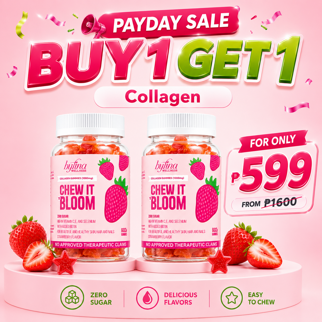 Byfina 60s Glutathione Collagen Gummies Bright Skin Anti Aging | Ashwagandha Melatonin Less Stress