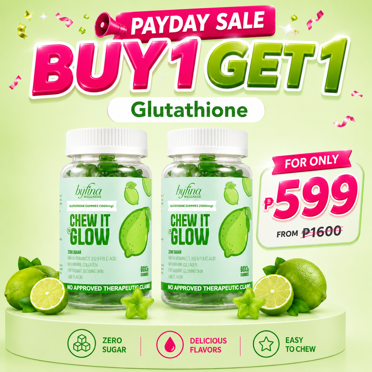 Byfina 60s Glutathione Collagen Gummies Bright Skin Anti Aging | Ashwagandha Melatonin Less Stress