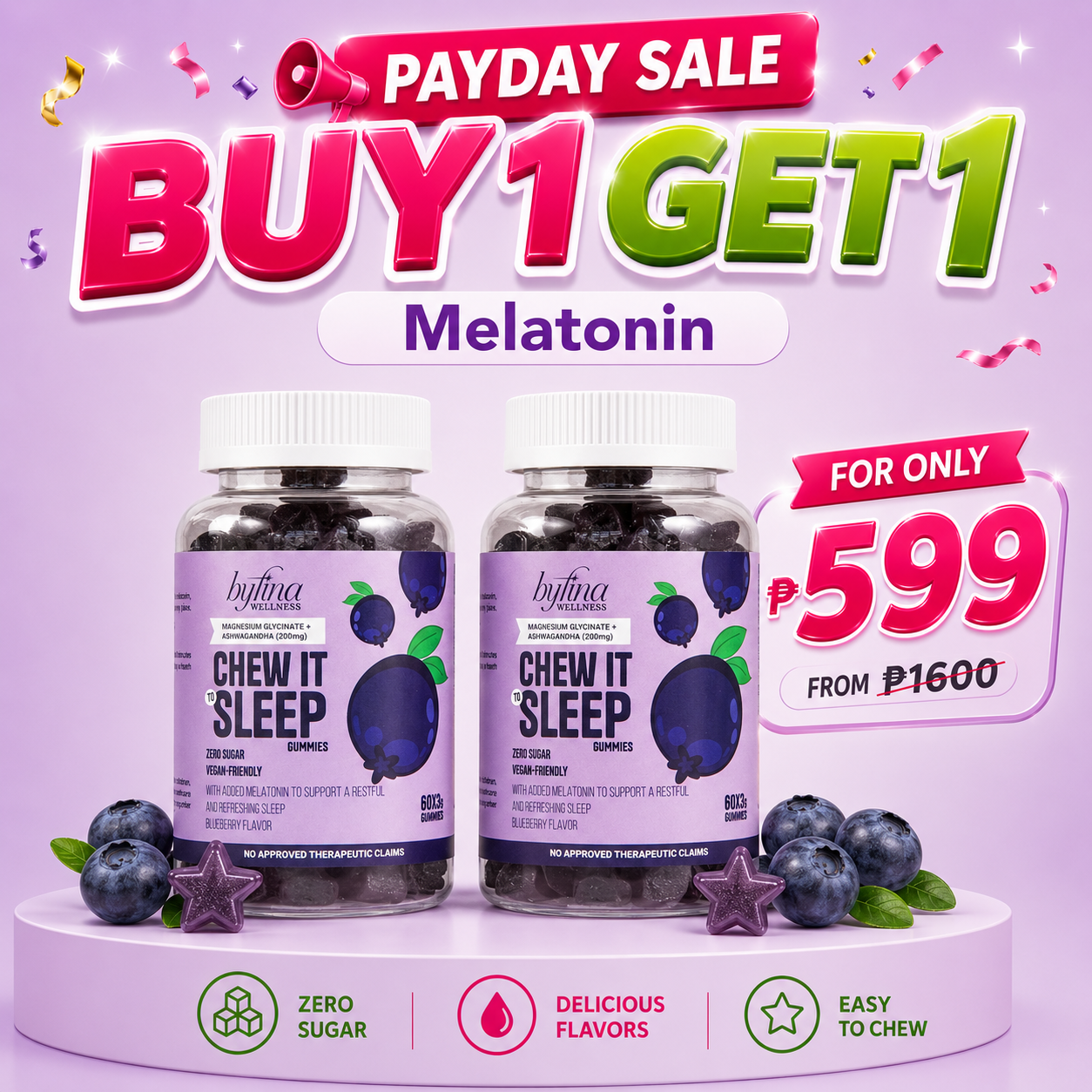 Byfina 60s Glutathione Collagen Gummies Bright Skin Anti Aging | Ashwagandha Melatonin Less Stress