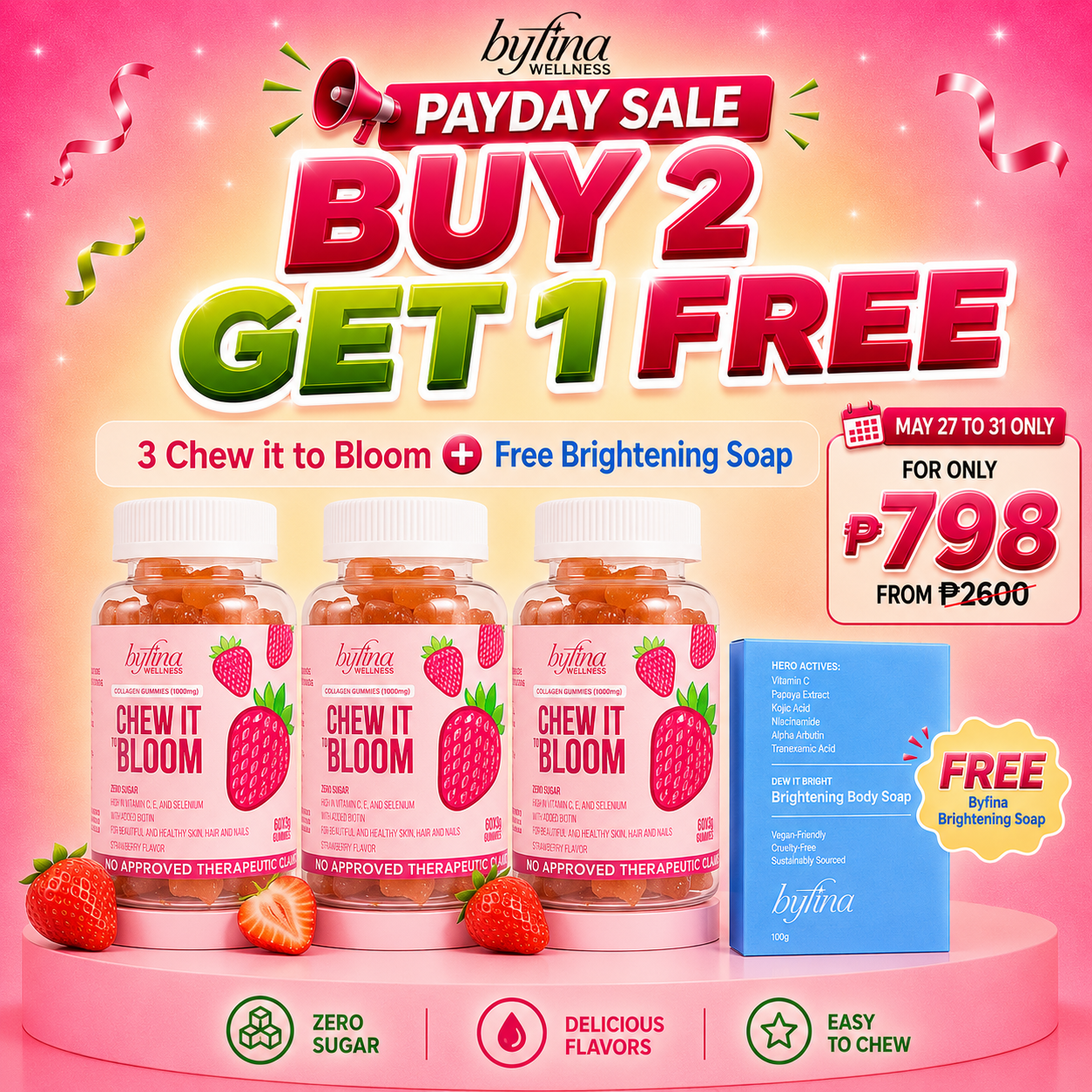 Byfina 60s Glutathione Collagen Gummies Bright Skin Anti Aging | Ashwagandha Melatonin Less Stress