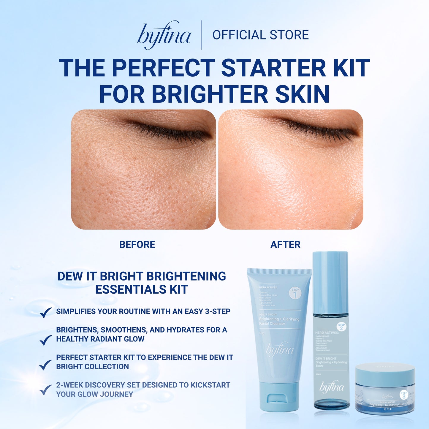 Byfina Brightening Skincare Set with Vitamin C | Cleanser Toner Moisturizer for Dull Skin Glow