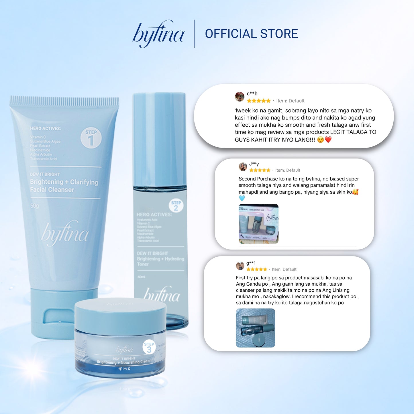Byfina Brightening Skincare Set with Vitamin C | Cleanser Toner Moisturizer for Dull Skin Glow