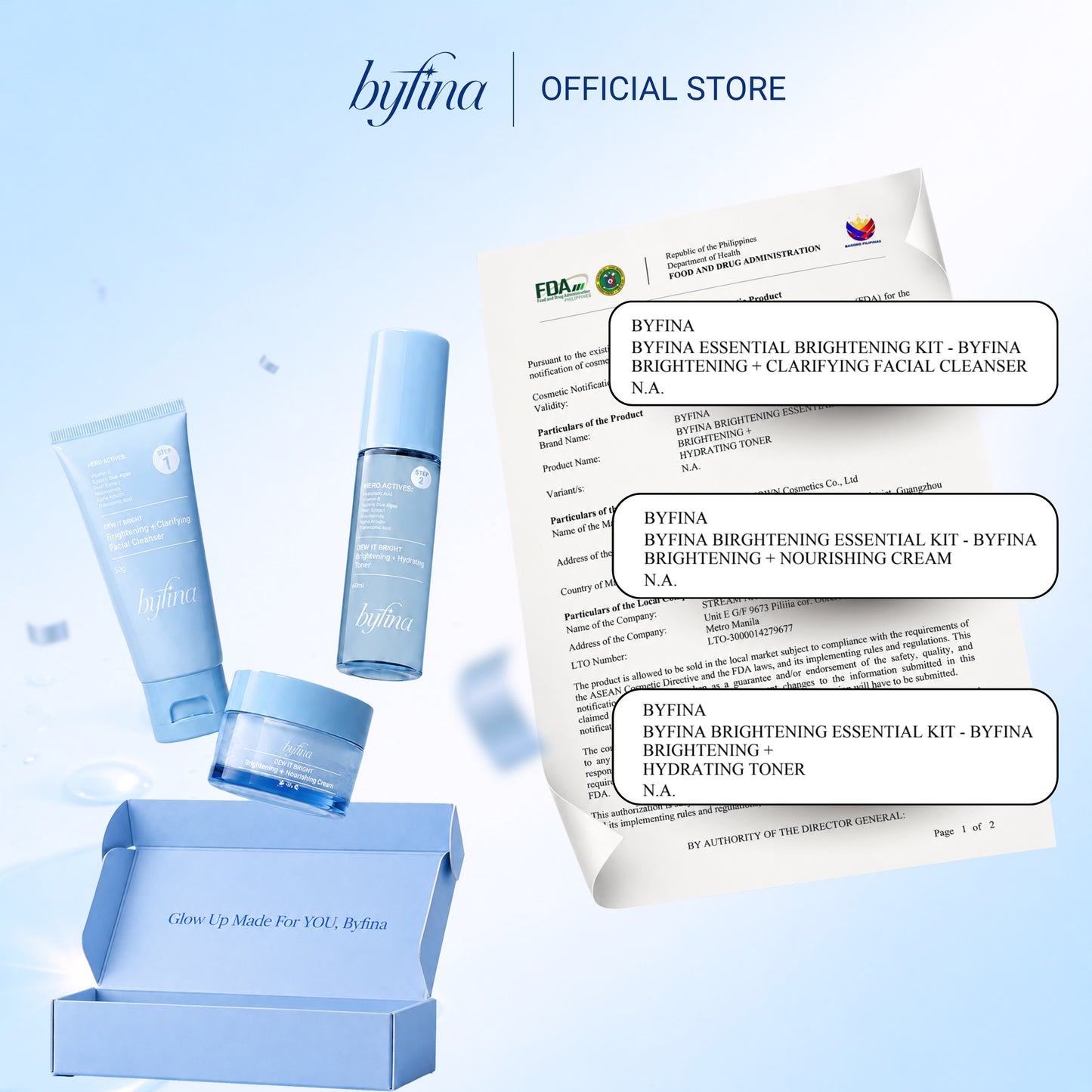Byfina Brightening Skincare Set with Vitamin C | Cleanser Toner Moisturizer for Dull Skin Glow