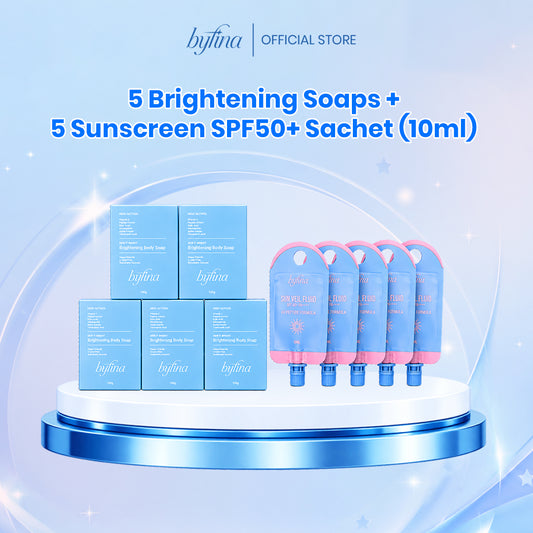 Byfina Bright & Protect Bundle – 5 Brightening Soaps + 5 SPF50+ Sunscreen Sachets