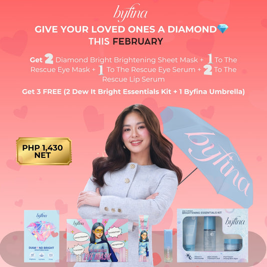 Promo Bundle:  2 Diamond Bright Sheet Masks + 1 Eye Mask + 1 Eye Serum + 2 Lip Serums Only ₱1,787.50 + Get 2 FREE Essentials Kits & 1 Byfina Umbrella