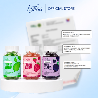 Byfina 60s Glutathione Collagen Gummies Bright Skin Anti Aging | Ashwagandha Melatonin Less Stress