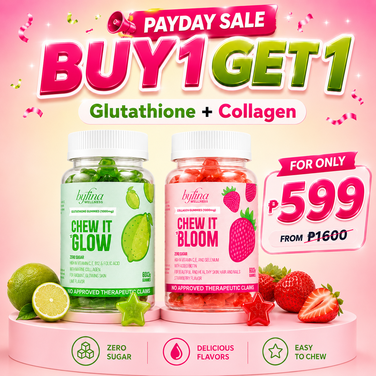 Byfina 60s Glutathione Collagen Gummies Bright Skin Anti Aging | Ashwagandha Melatonin Less Stress