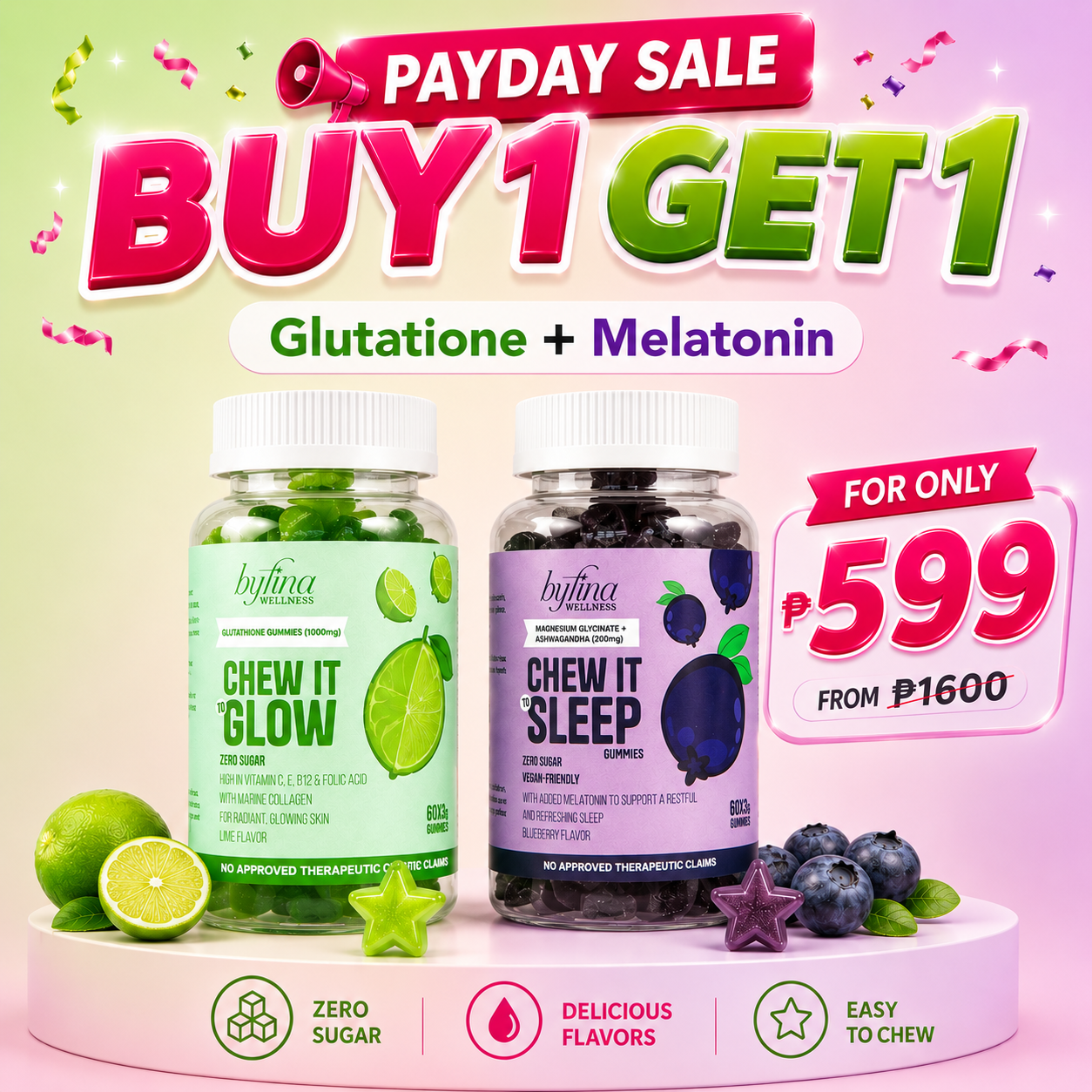 Byfina 60s Glutathione Collagen Gummies Bright Skin Anti Aging | Ashwagandha Melatonin Less Stress